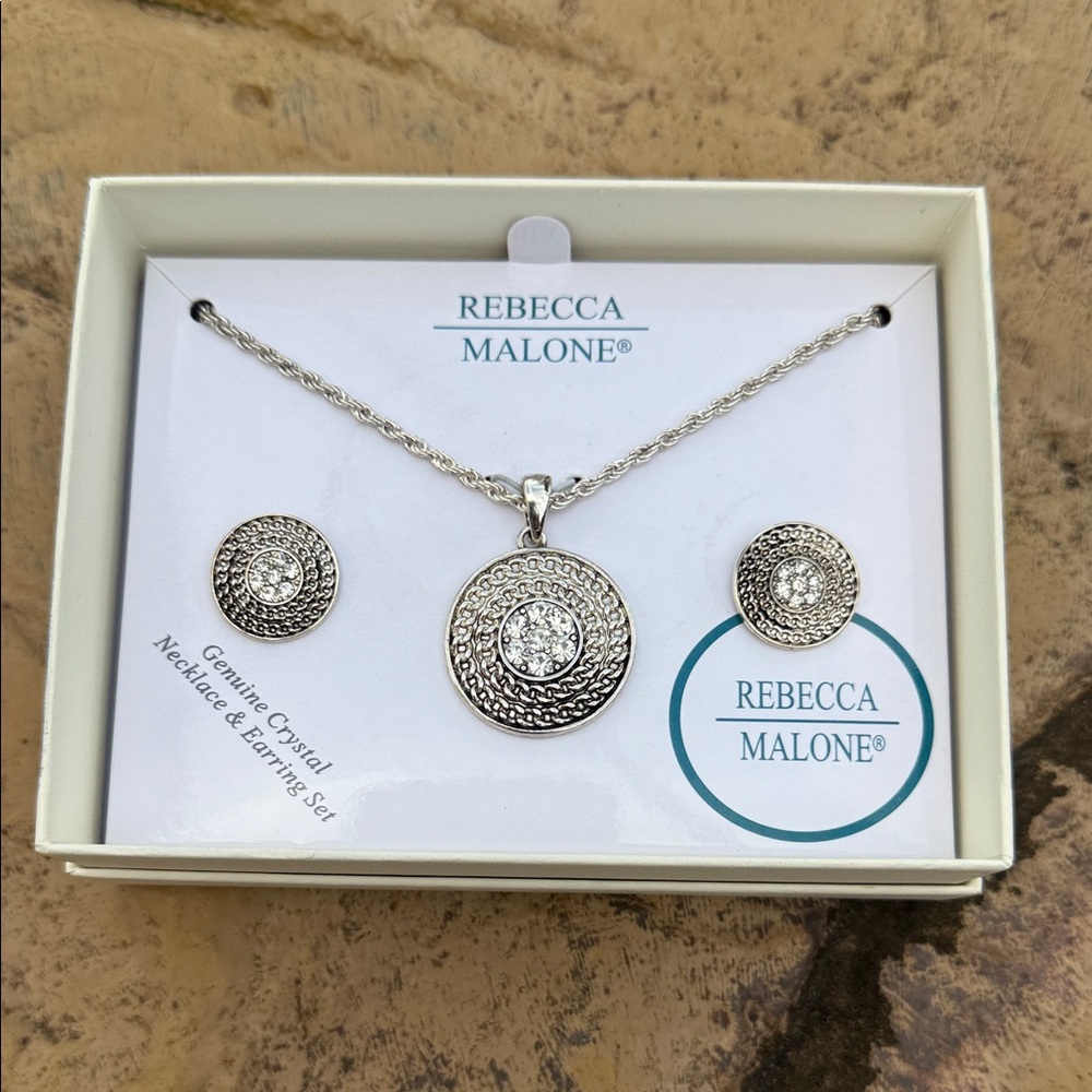Rebecca Malone New IOB Silver Crystal Necklace and Earrings Set